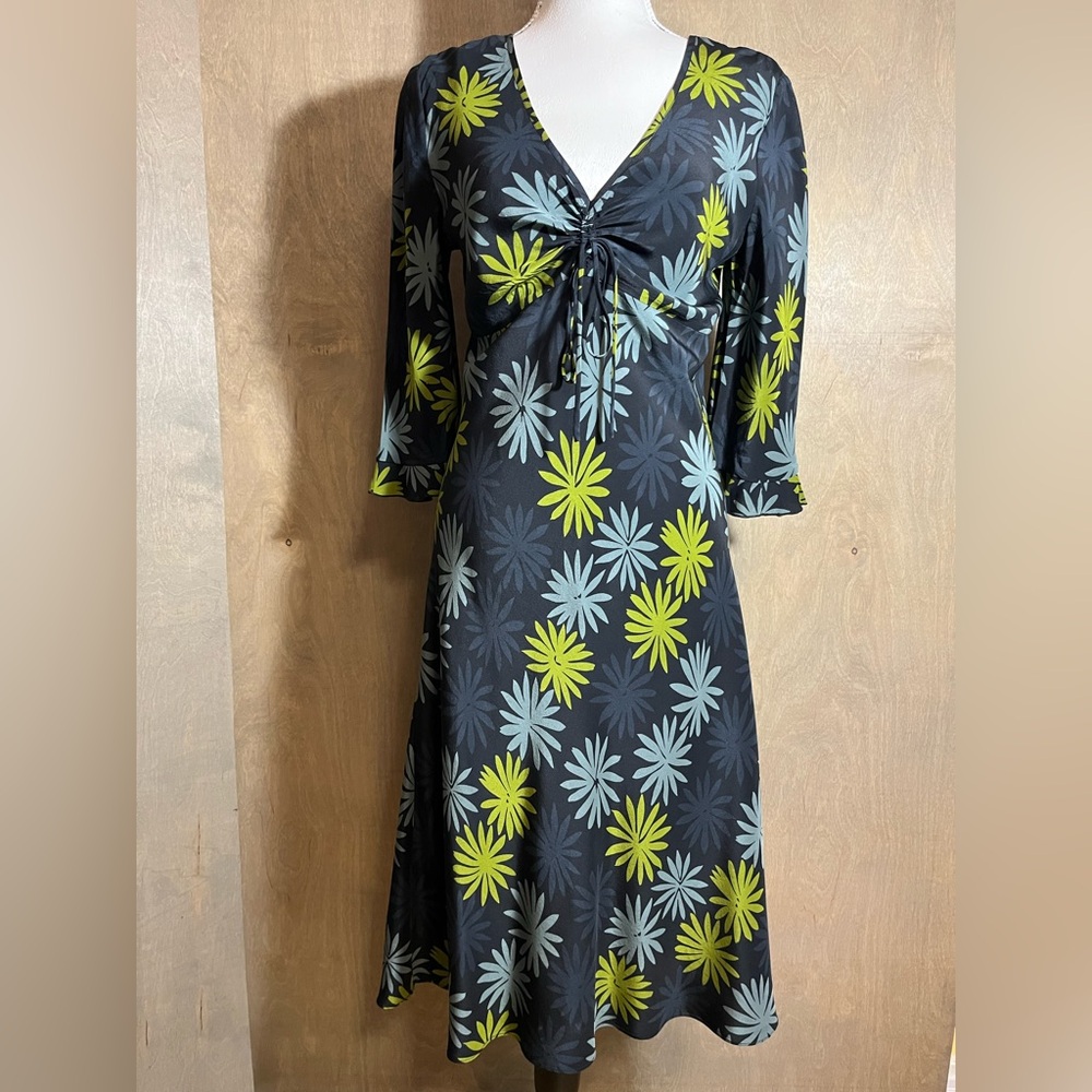 Vintage The Limited Navy & Green Floral Ruched Silk Midi Dress size 8